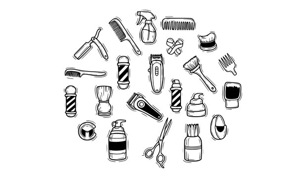 Creative circular barber doodle icons with grooming tools razor clipper and hair styling elements vector set