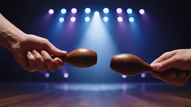 Closeup of Hands Playing Wooden Claves in a Dramatic Stage Setting with Spotlights and Fog Effects