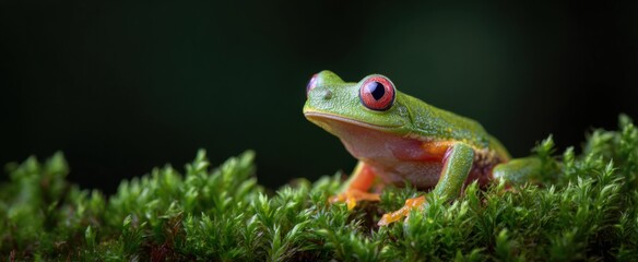 Obraz premium A vibrant tree frog sits like a jewel on soft green moss in a serene jungle
