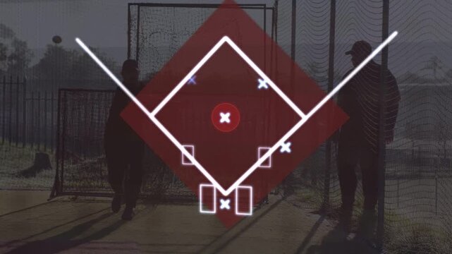 Coach and player standing in baseball cage, diamond fading in, tracing bases, illustrating pitch