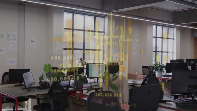 Translucent gold overlay appearing over central desks bars rising numbers visualizing business data