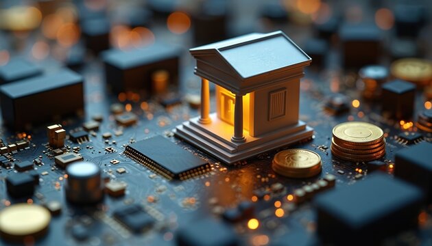 Miniature bank building sits on circuit board with coins. Digital currency concept shows financial tech. Modern banking systems connect with new money ideas. Future finance evolves with electronic