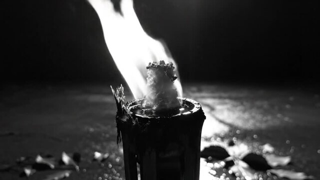 Burning torch flame against dark background, with wispy smoke, highlighting light and shadow details of the object