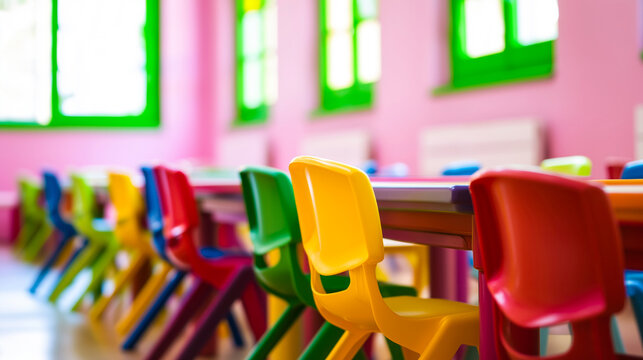 Colorful kindergarten classroom with bright plastic chairs and tables, preschool and early learning concept.