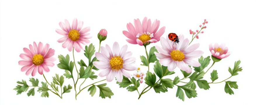 Pastel floral border with ladybug ideal for invitations and greeting cards