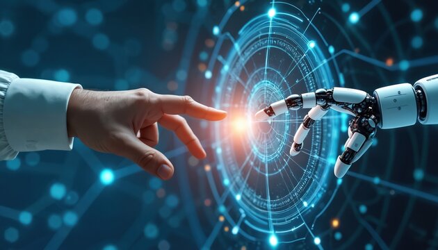Human finger reaches robotic hand across glowing digital network. Future tech and AI connection. Man and machine interact with data. Collaboration across cyberspace. Innovation and evolution concept.