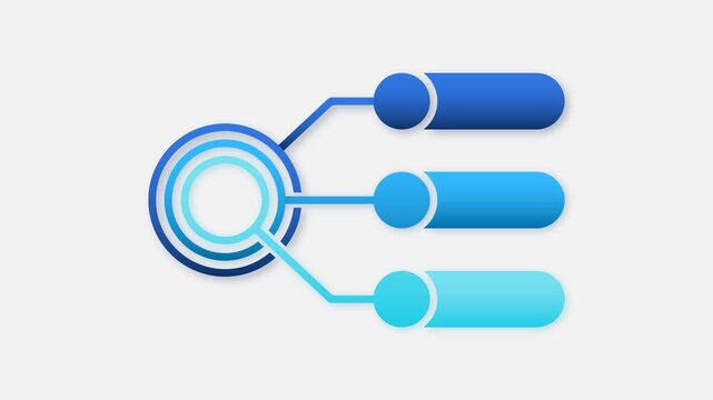 A modern 3D isometric infographic template featuring a central concentric circle hub branching into three horizontal gradient blue labels for business data presentation on a clean background.