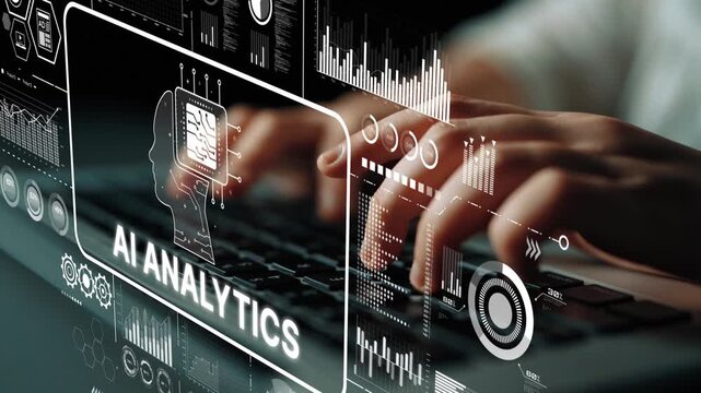 Hands Typing on Laptop with Artificial Intelligence Analytics Graphics Displayed on Screen for Business Insights. Asymptotic smart data analytic.