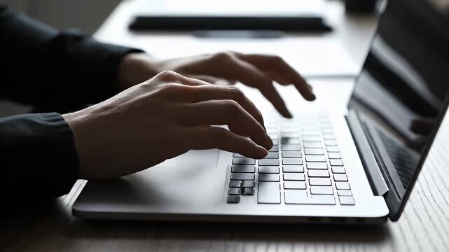 Close-up shot of a person's hands typing on a laptop keyboard in a well-lit environment