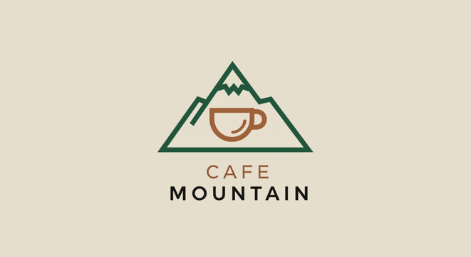Brown coffee cup with mountain logo.
