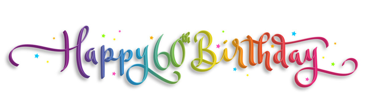 HAPPY 60th BIRTHDAY colorful brush calligraphy banner with stars on transparent background