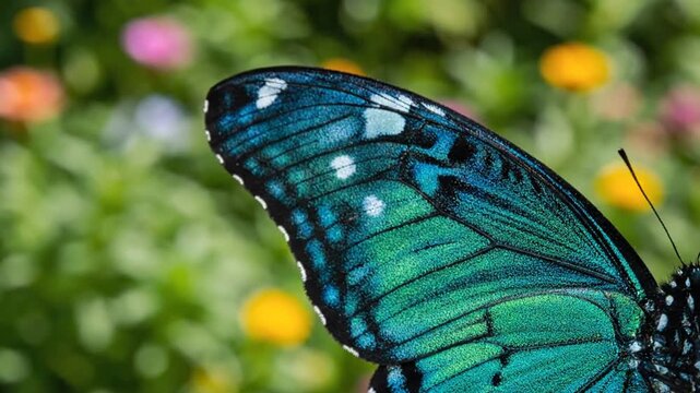 Close-up of a vibrant turquoise butterfly wing with white spots, resting on a flower garden background.