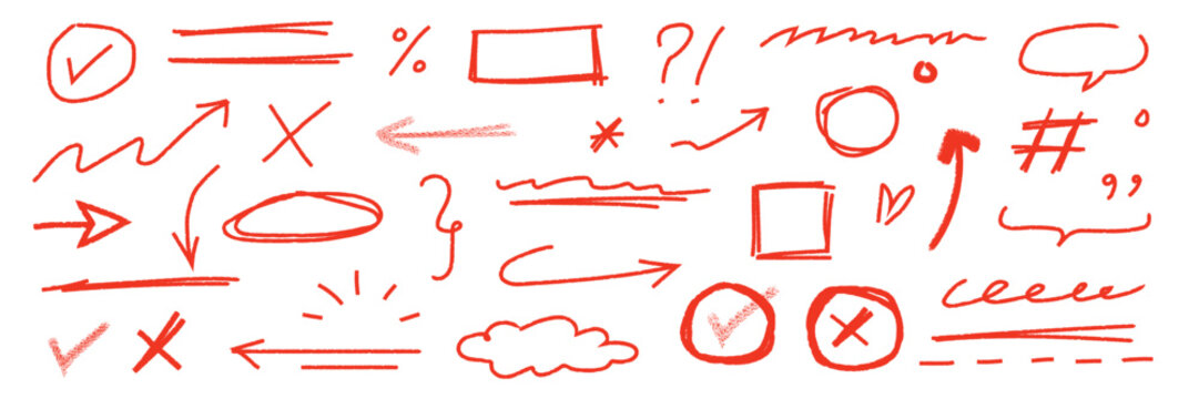 A set of red hand drawn symbols and signs on a white background including arrows, checkmarks, and other editing marks in a sketchy style vector.