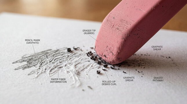 Understanding the process of erasing pencil marks from paper using a rubber eraser