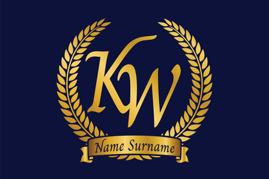 Initial letter K and W, KW monogram logo design with laurel wreath. Luxury golden calligraphy font.