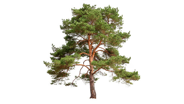 Pinus sylvestris tree with long branches and dense foliage isolated on transparent background