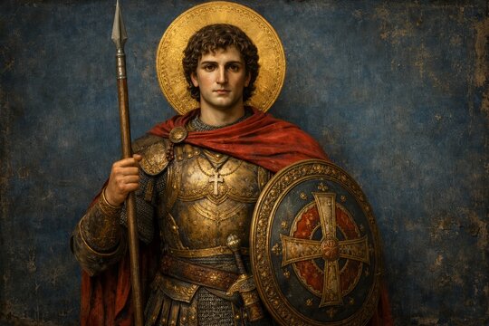 Saint George martyrdom scene standing with spear and shield in Byzantine icon style with copy space