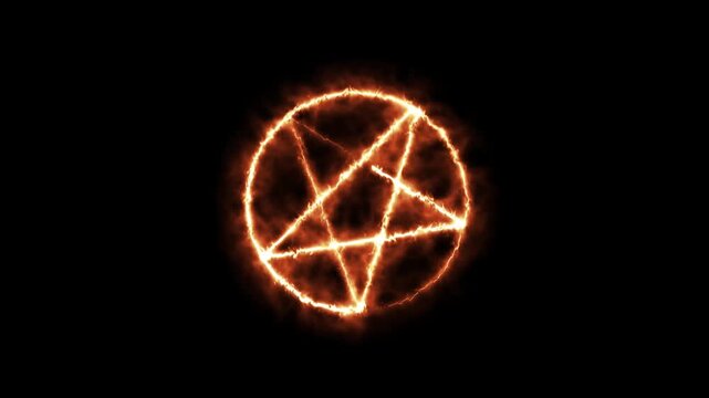 Mystical bright neon fire effect pentacle or inverted pentagram in circle on black background.4k video animation