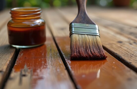 Wooden deck is being stained with brown finish using brush. Small jar with liquid stain nearby. Refreshing outdoor furniture, home improvement project.
