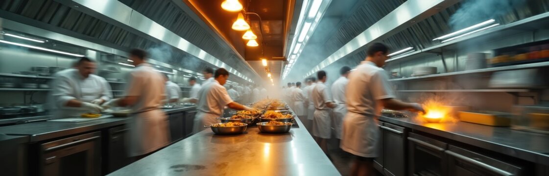 Busy professional chefs work in long, steamy restaurant kitchen, preparing dishes with fast motion blur. Stainless steel surfaces gleam under bright lights as cooks focus intently on culinary tasks.
