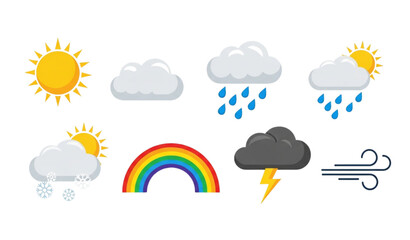Obraz premium Colorful weather icons vector set with flat design climate symbols collection isolated on white