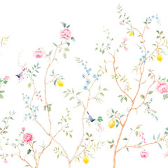 Naklejka premium Chinoiserie Seamless Pattern Floral Branches Birds Lemons Vintage Botanical Wallpaper Design