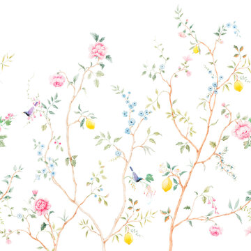 Chinoiserie Seamless Pattern Floral Branches Birds Lemons Vintage Botanical Wallpaper Design