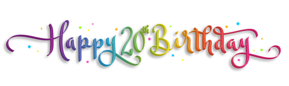 HAPPY 20th BIRTHDAY colorful brush calligraphy banner with stars on transparent background