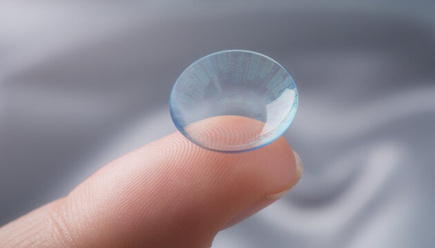 Closeup of a soft contact lens resting on a fingertip ready for insertion.