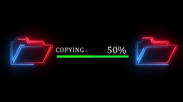 File transfer from computer folder to folder neon line animation Isolated on black background. copying file transfer with loading animation 4k video