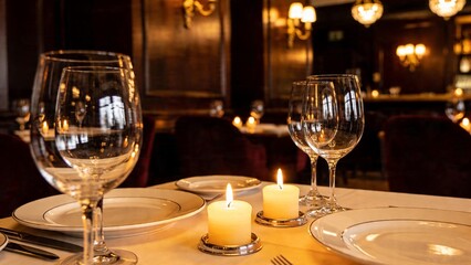 Fototapeta premium Elegant fine dining table setup with glowing candles and crystal glassware, creating a warm, upscale ambiance perfect for romantic dinners.