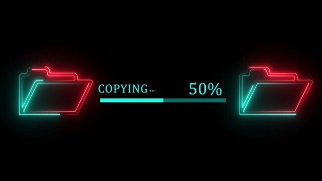 File transfer from computer folder to folder neon line animation Isolated on black background. copying file transfer with loading animation 4k video