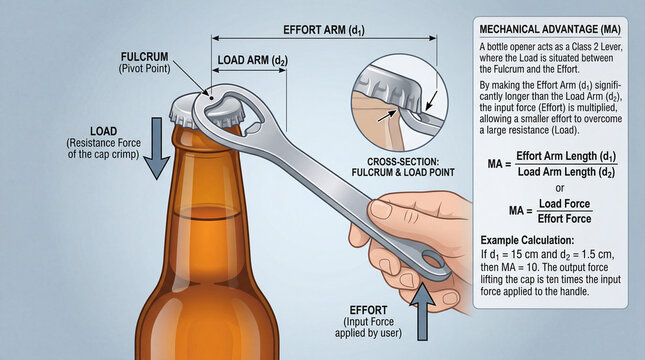 Using a wrench to open a bottle cap with a clear explanation of mechanical advantage and effort arm dynamics