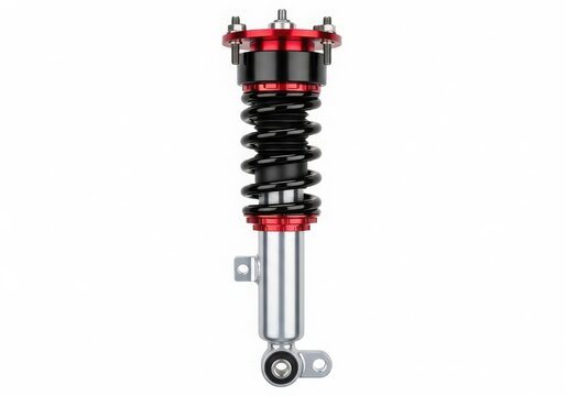 A high-performance red and black car suspension coil spring with a chrome piston.