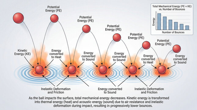 Diagram shows energy changes during a ball bouncing on a surface and the effects of collisions at different points