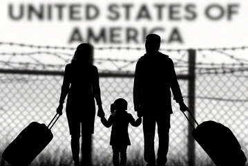 A family is standing in front of the fence at the American border and wants to immigrate to USA © studio v-zwoelf