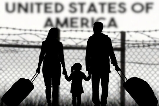 A family is standing in front of the fence at the American border and wants to immigrate to USA
