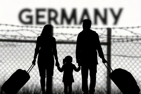 A family is standing in front of the fence at the German border and wants to immigrate to Germany