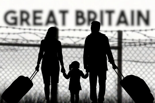 A family is standing in front of the fence at the British border and wants to immigrate to Great Britain