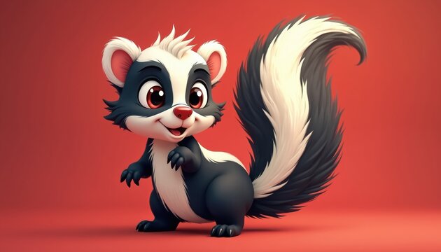 Cute cartoon skunk animal illustration with fluffy tail on red backdrop. Playful character for children books, graphics, mascots. Adorable wildlife art.