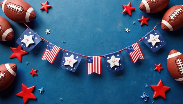 American footballs and patriotic banner with stars and stripes on blue background. Festive decor for sports event celebration, holiday party, or game day party. Perfect for design projects.