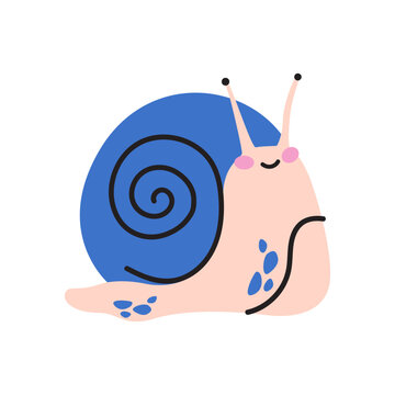 Cute cartoon snail character with a blue shell and smiling face. Minimalist flat vector illustration for nursery decor, children books or stickers