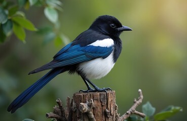 Obraz premium Black and white bird with blue wing feathers sits on wooden stump. It has long tail. Nature scene with green blurred background. Bird watching photography.