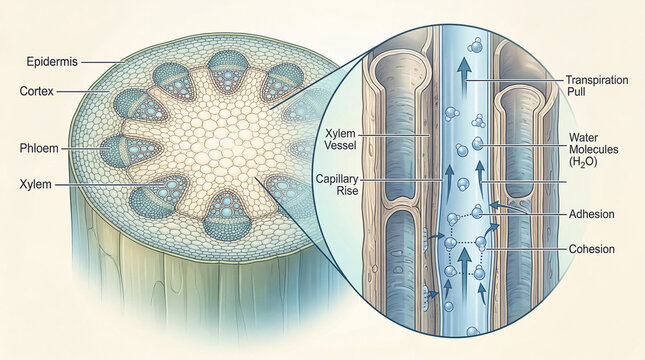 Understanding plant anatomy through diagrams that show xylem and phloem structures and functions in water transport
