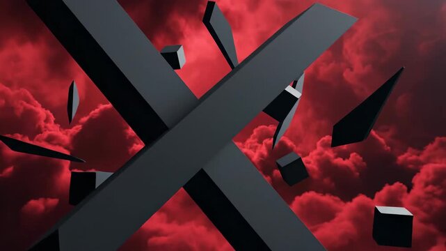 Abstract dark shapes floating against dramatic cloud background