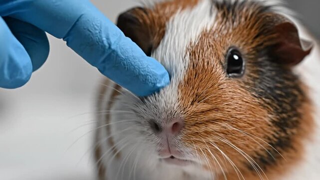 Veterinarian examining a cute guinea pig with blue gloves. 4K Video.