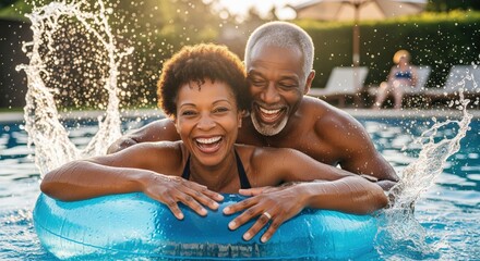 Fototapeta premium Joyful couple splashing in pool on float. A candid shot of carefree fun and intimacy. Summer relaxation, mature love, healthy lifestyle.