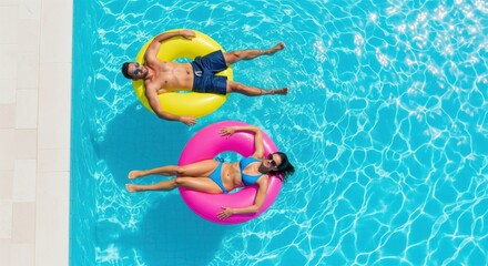 Couple relax on inflatable rings in a clear swimming pool. A vibrant aerial view full of enjoyment. Summertime fun, leisure lifestyle, poolside relaxation.