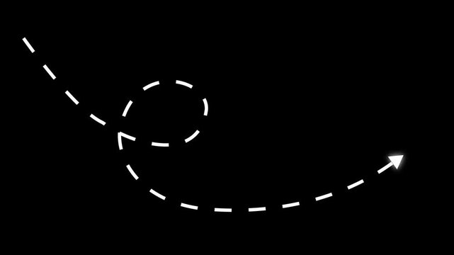 4k Long dotted line arrow animation to indicate an object. arrow animation following wavy dotted line. target arrow icon on black background.