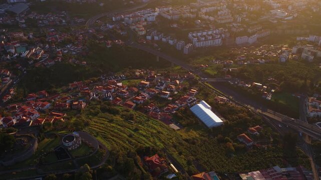 Aerial Golden Hour View of Madeira Residential Neighborhood with Highw